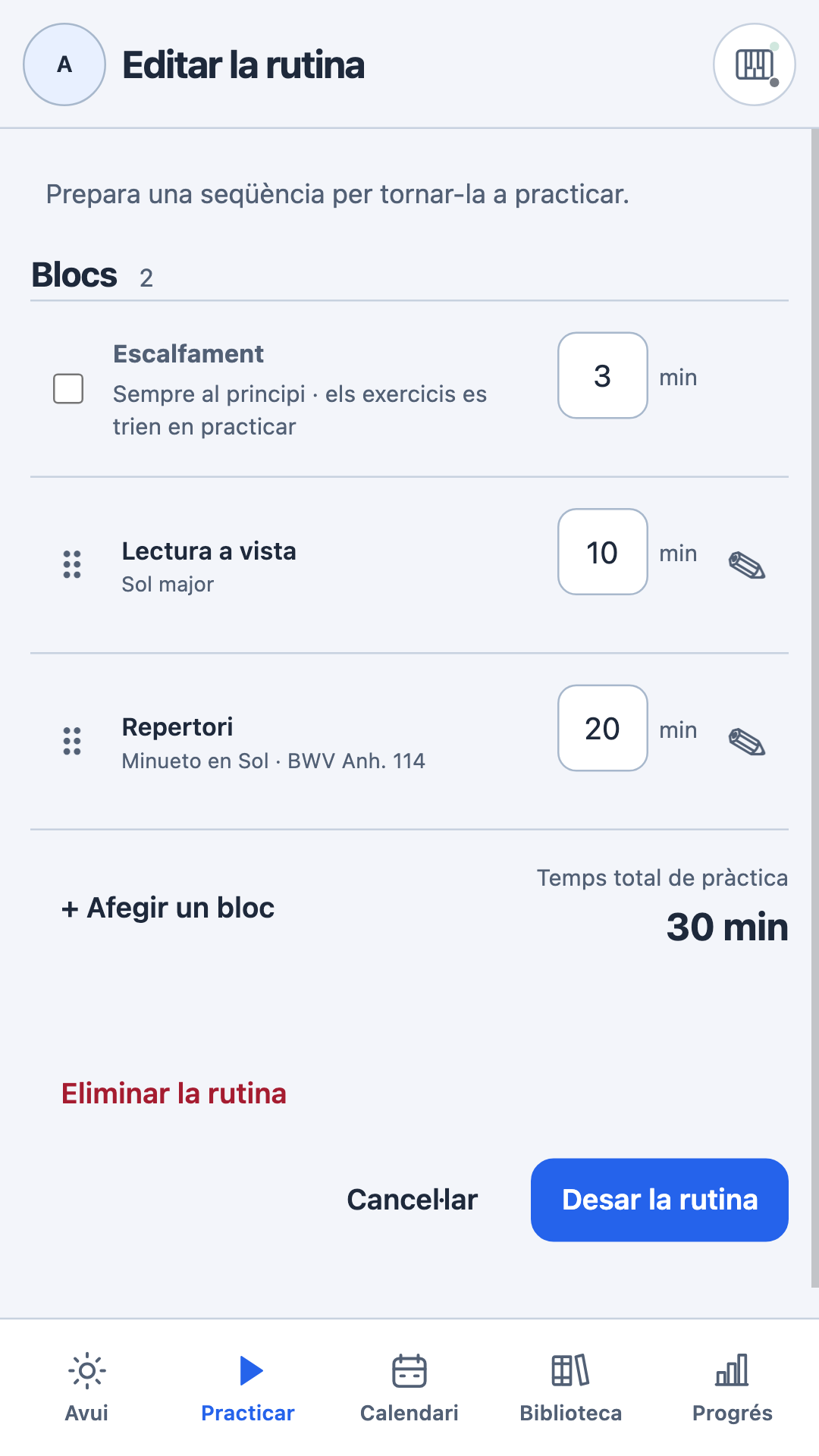Editor de rutines amb blocs i durades editables