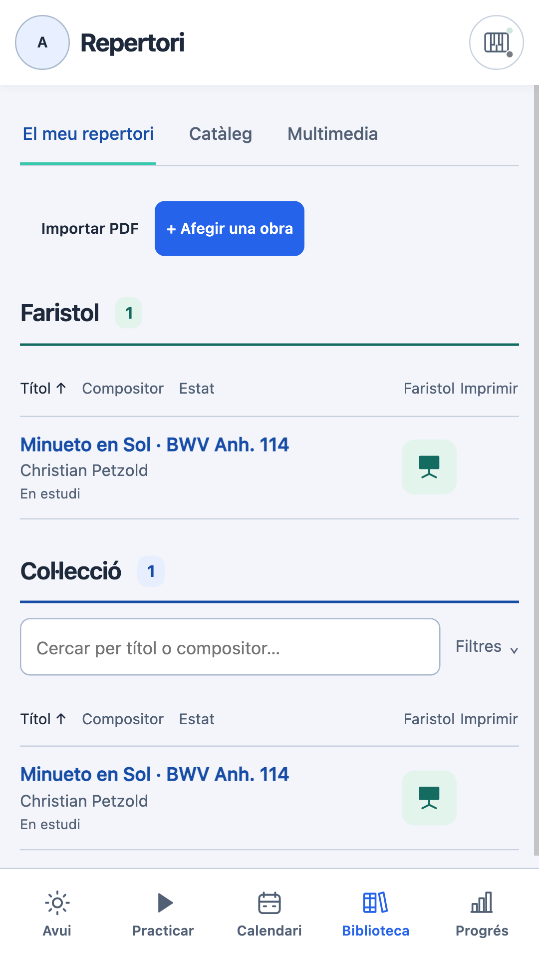 Repertori amb atril, cercador i historial per obra