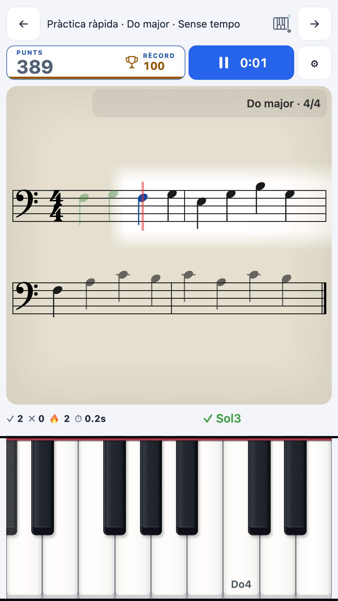 Pràctica ràpida amb partitura, punts i teclat en pantalla