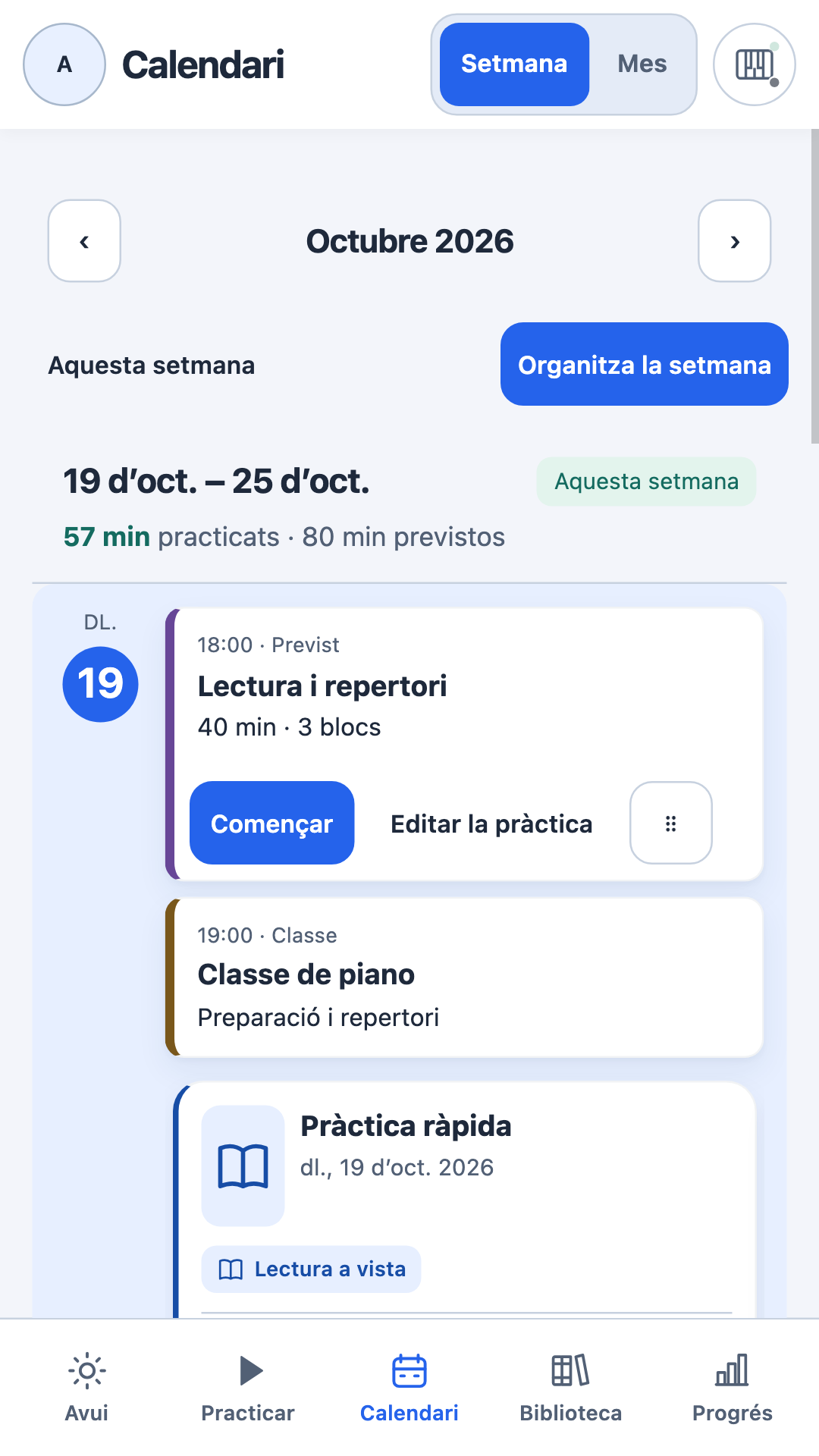 Calendari amb pràctiques diàries i esdeveniments programats