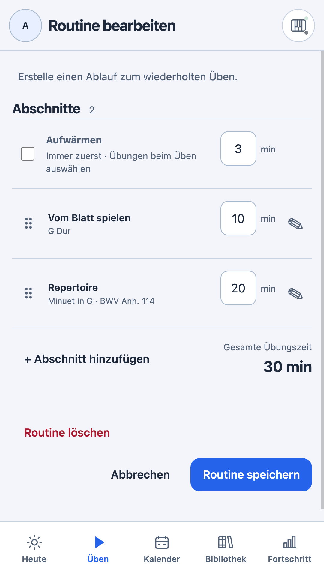 Routineneditor mit Abschnitten und Zeitangaben