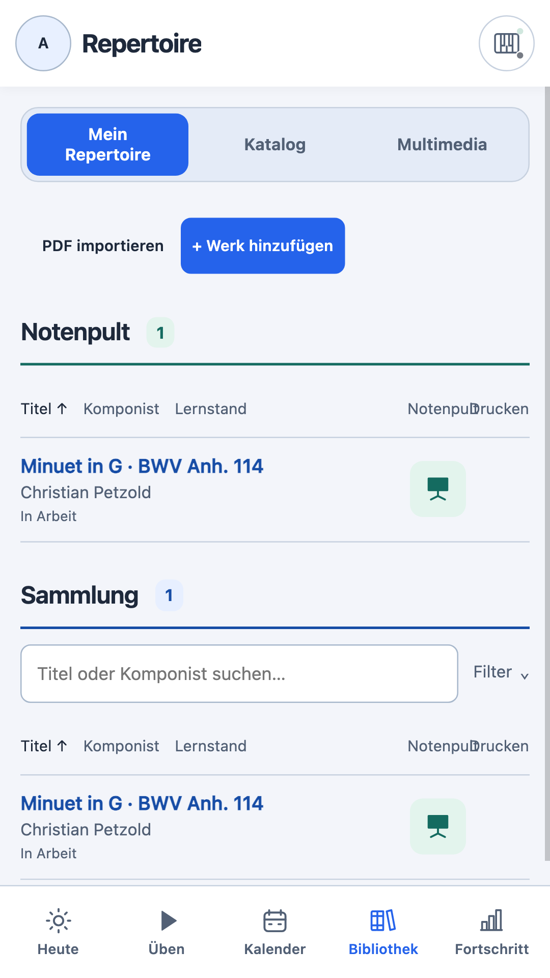 Repertoire mit Notenpult, Suche und Werkverlauf