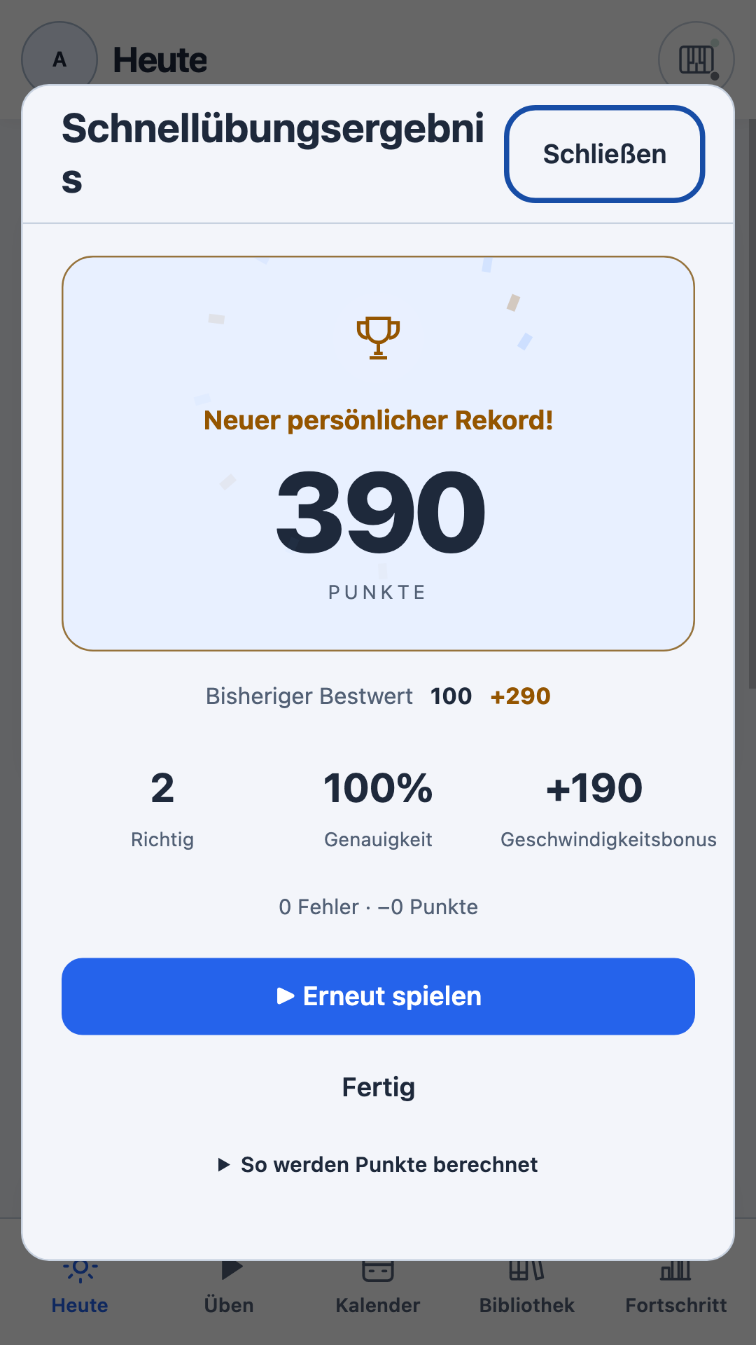 Schnellübungsergebnis mit Genauigkeit und Tempobonus