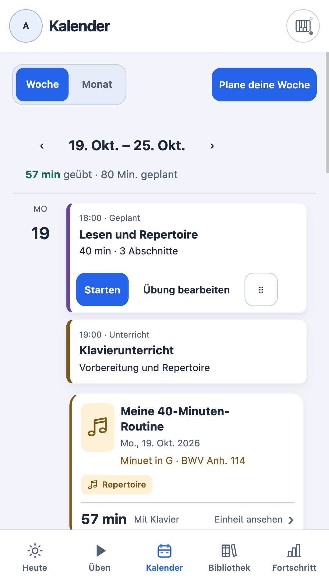 Kalender mit täglichen Übungen und Terminen