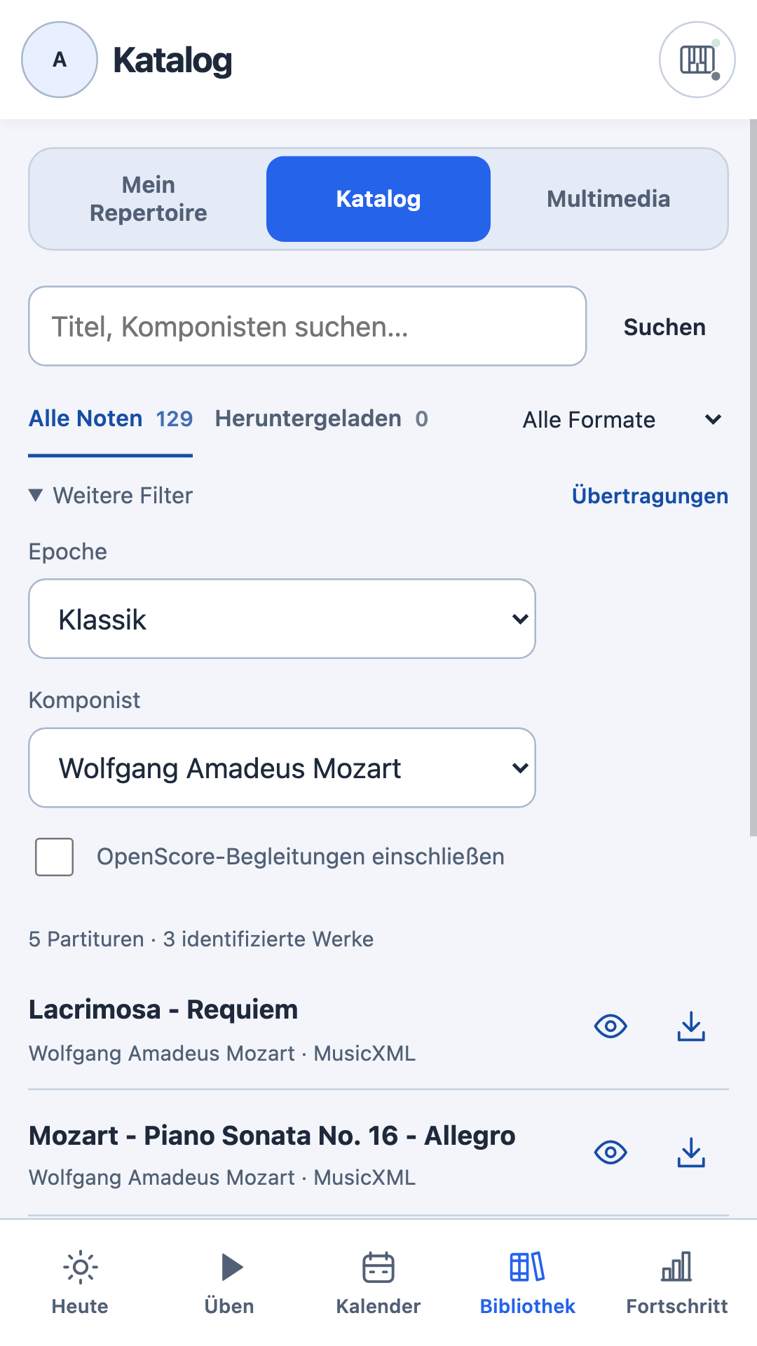Klassik- und Mozart-Filter im Katalog