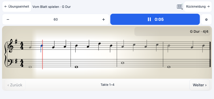 Vom-Blatt-Spiel im Querformat mit Bildschirmtastatur und Steuerung
