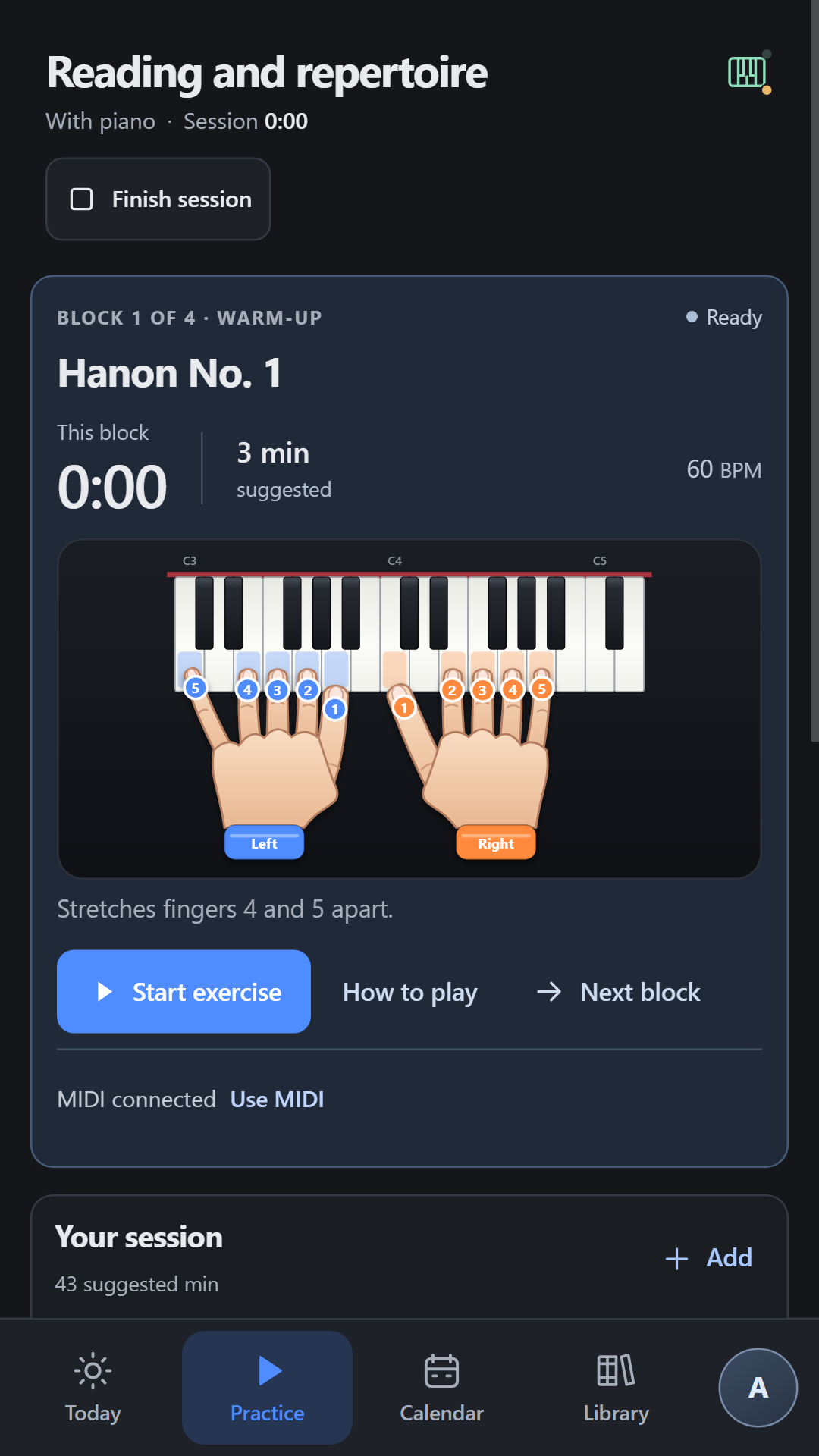 Warm-up block with both hands on the keyboard
