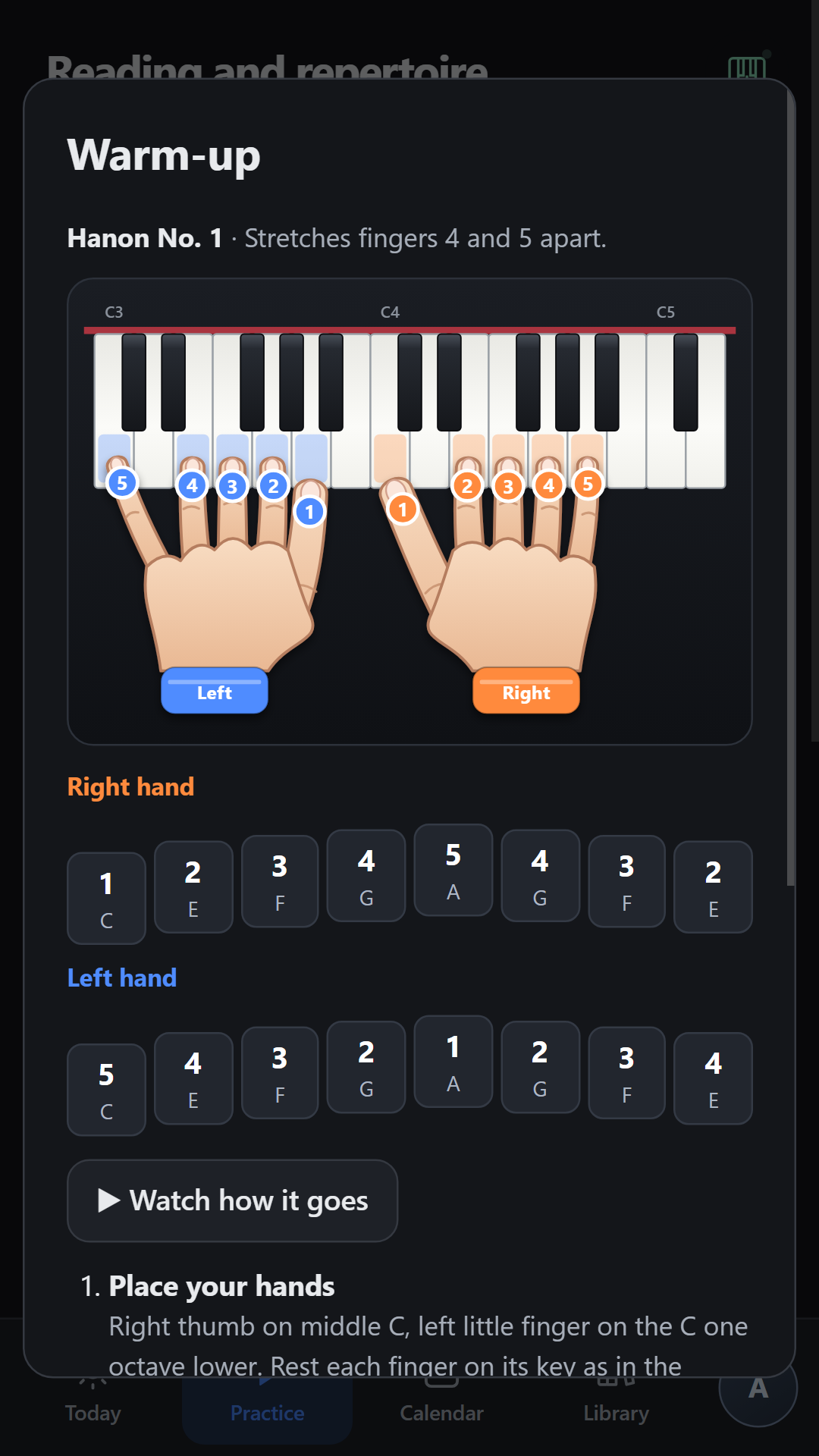 Visual guide for the Hanon exercise