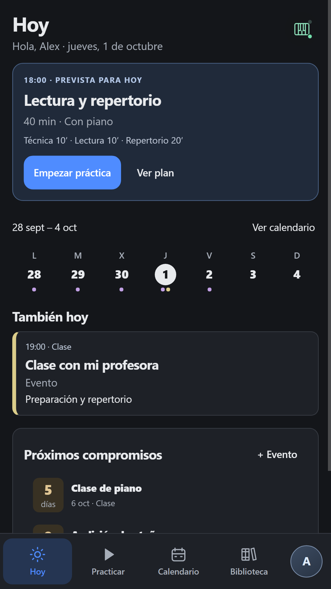 Pantalla Hoy con la semana y la próxima práctica