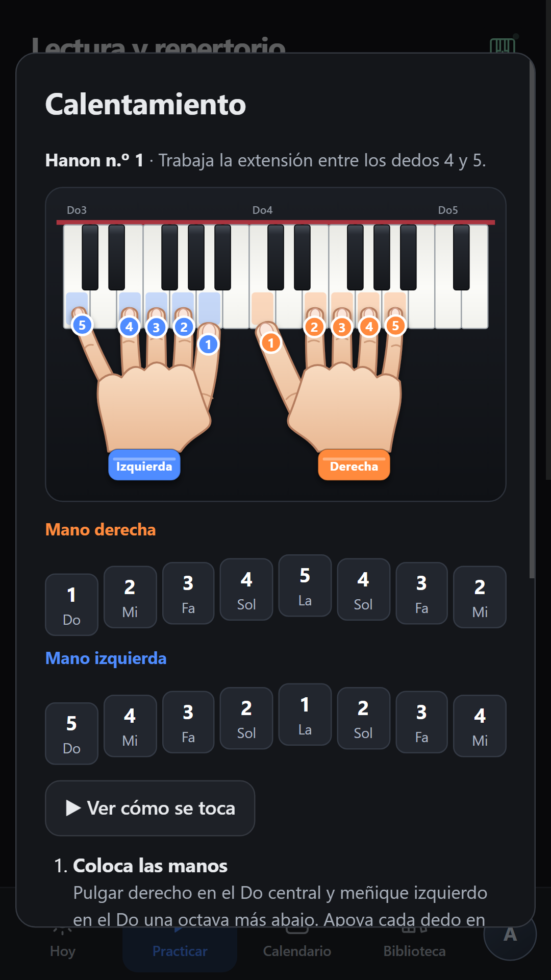 Guía visual del ejercicio Hanon