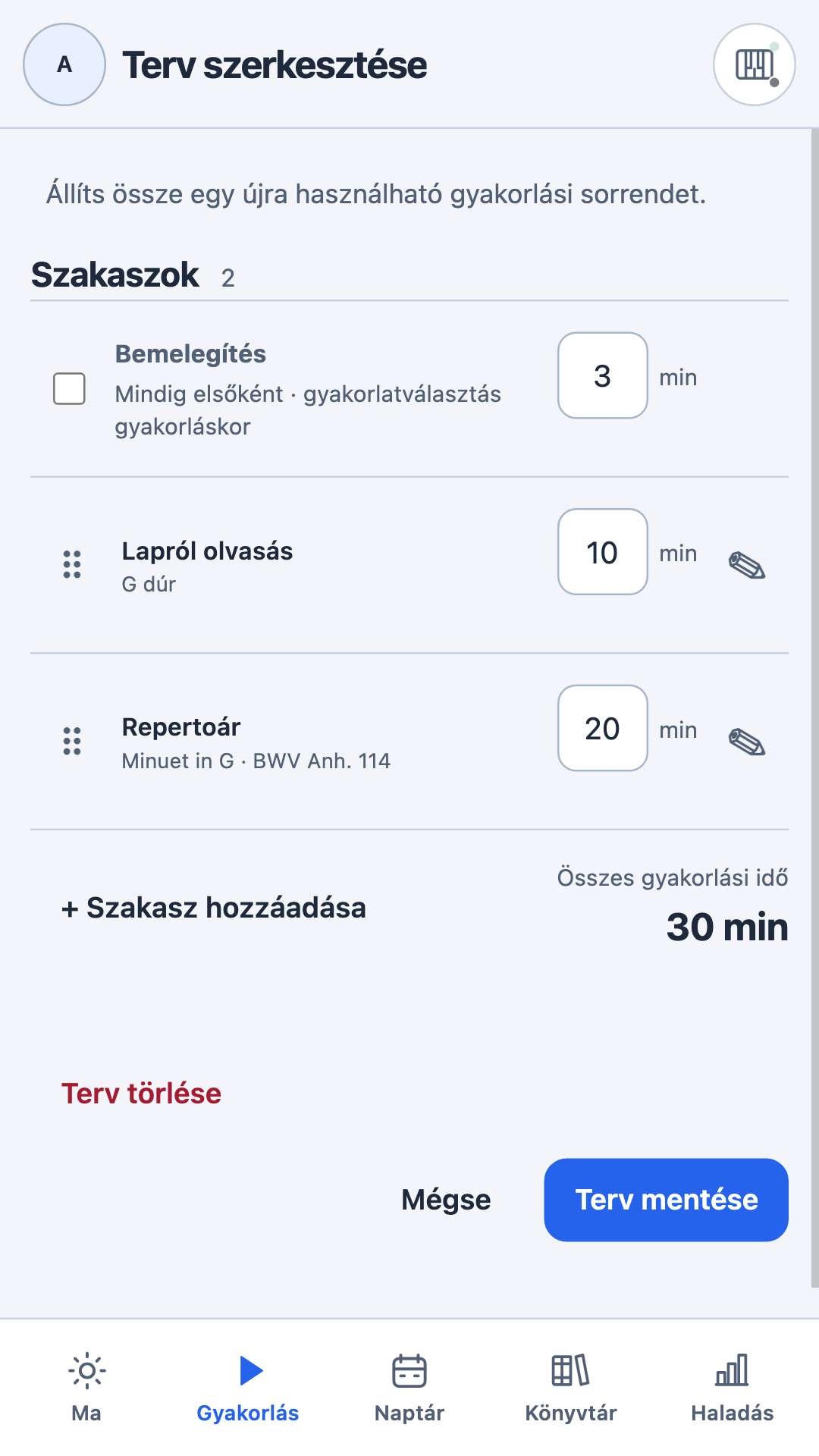 Tervszerkesztő módosítható szakaszokkal és időtartamokkal