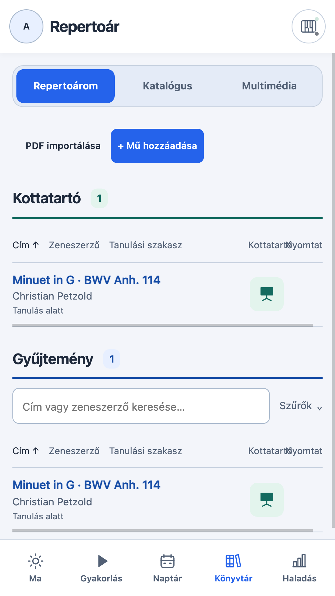 Repertoár kottatartóval, kereséssel és műelőzményekkel