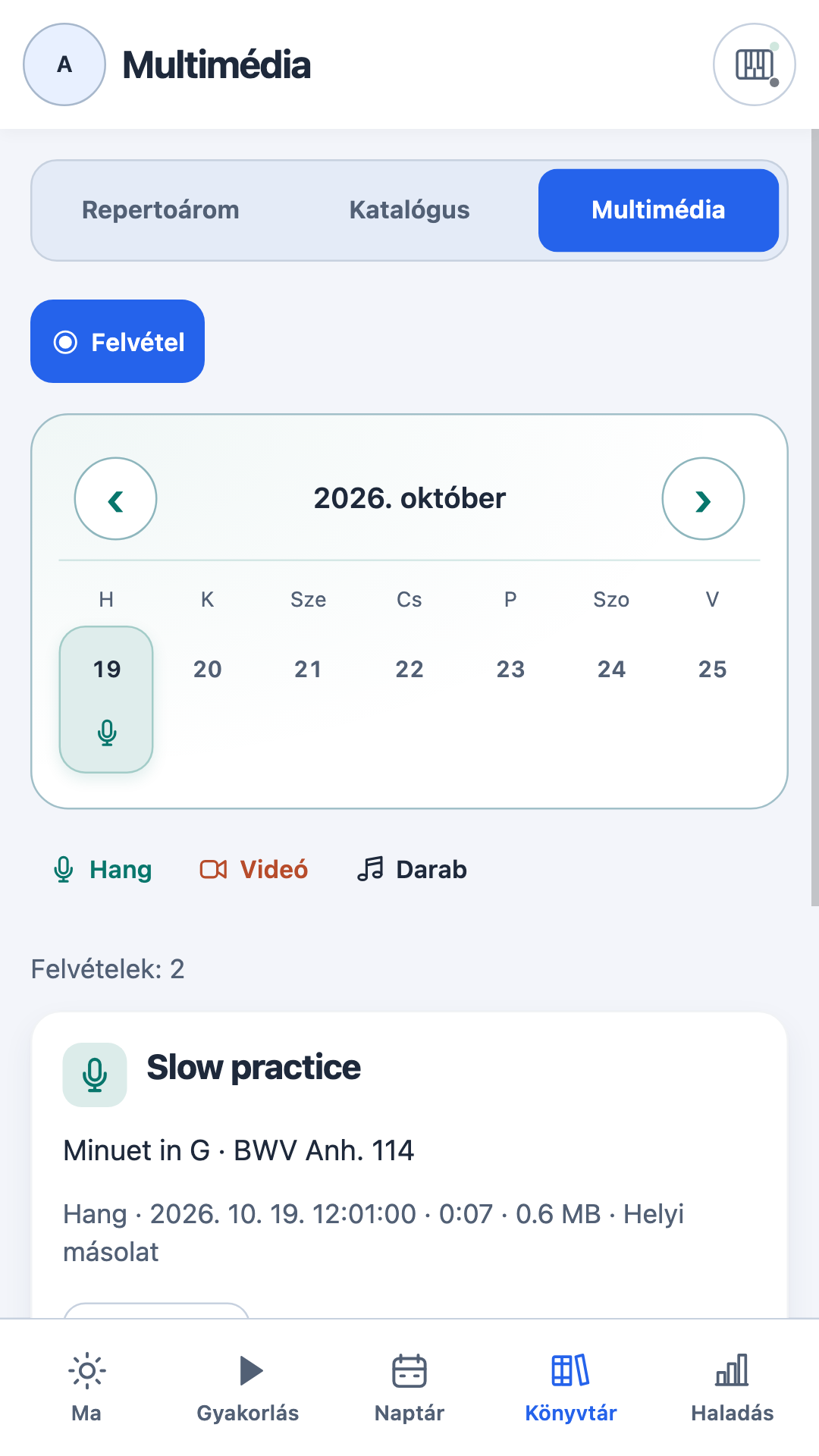 Multimédiakönyvtár repertoárdarabhoz társított felvételekkel