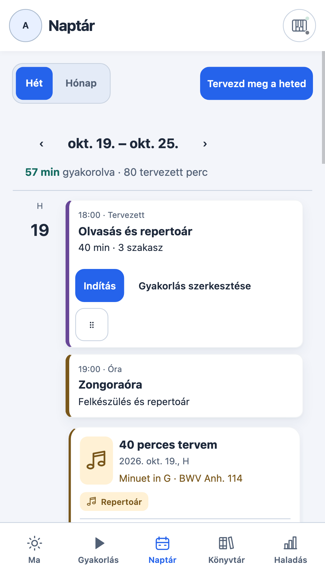 Naptár napi gyakorlással és tervezett eseményekkel