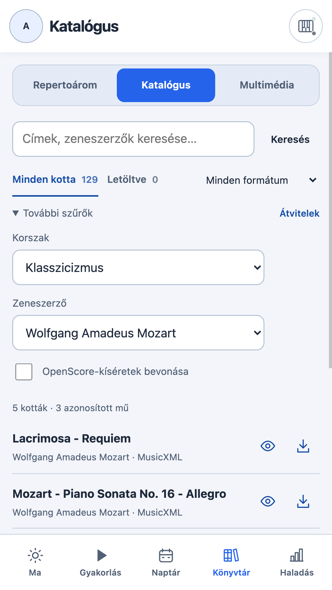 Klasszicizmus- és Mozart-szűrők a katalógusban